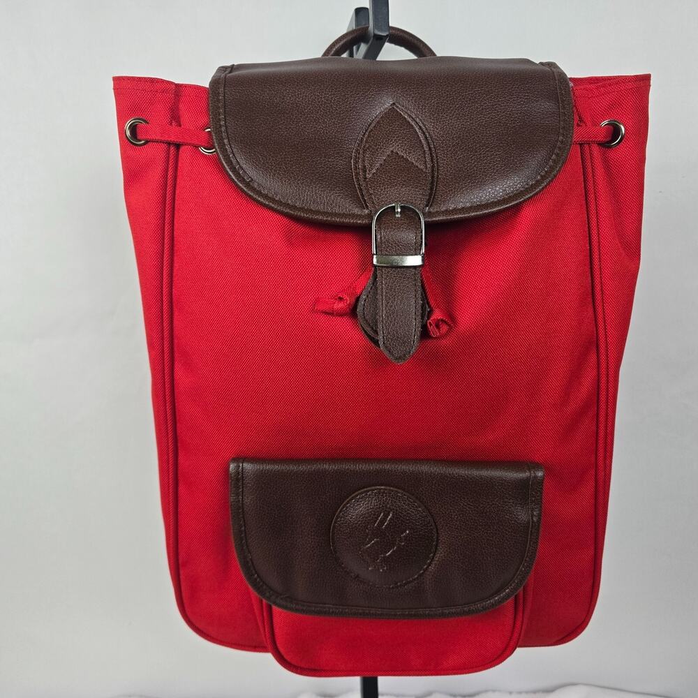 Canvas Backpack in Red w/ Brown Leather Accents 16" x 12" x 4" EUC